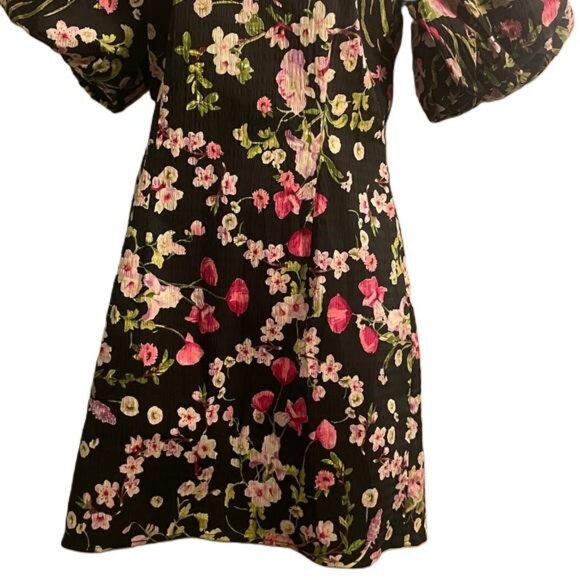 H&M Black Floral Puff Sleeve Cutout Back Bow Mini‎ Dress EUR S - Picture 3 of 5